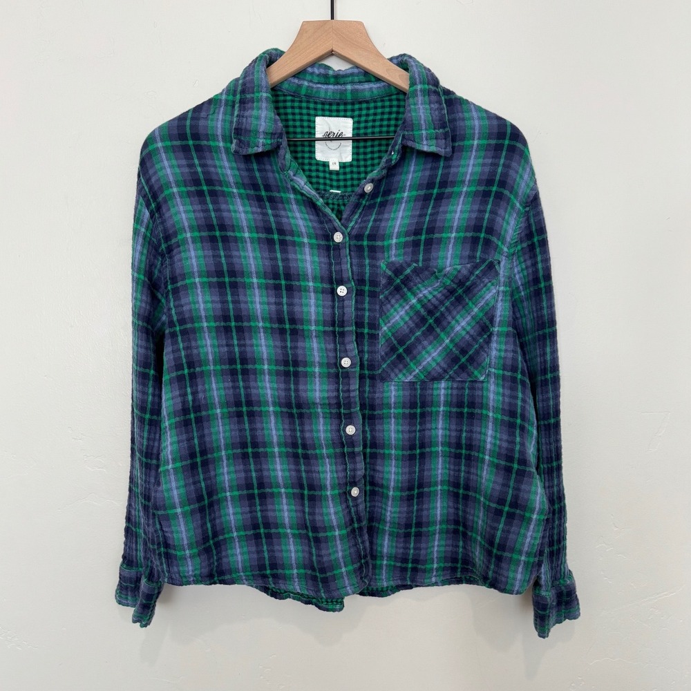 Aerie Green Blue Plaid Double Gauze Button Down Flannel Shirt Cotton L Granola